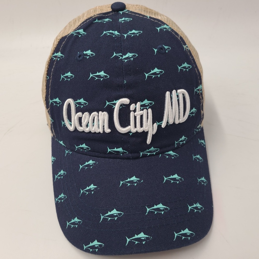 Ocean City Maryland Hat Snapback Trucker Mesh Blue Beige Men Fish Outdoor Casual